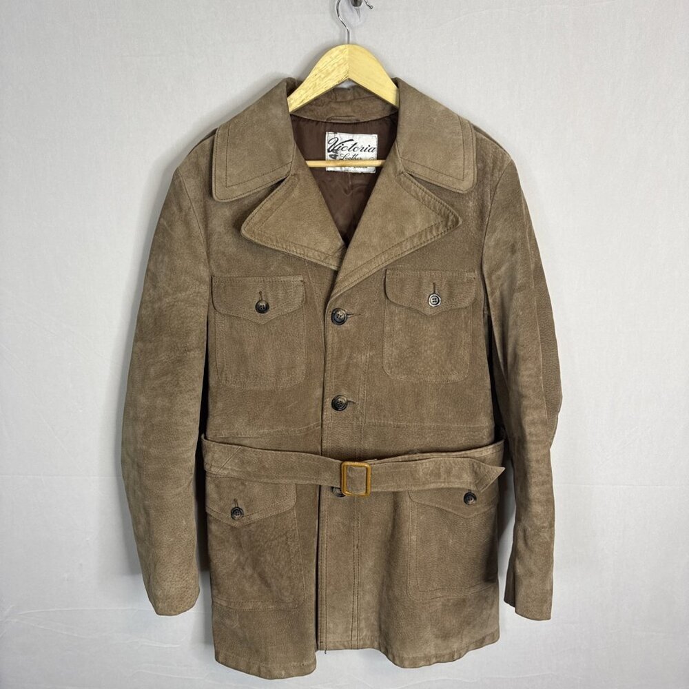 1970s Victoria Leather Suede Belted Safari Jacket‎ Plaid Lined Canada